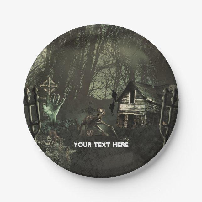 Assiettes En Carton Fête d'anniversaire de Zombie Graveyard ou Hallowe (Devant)