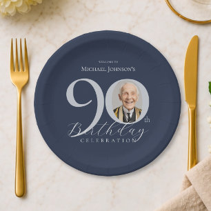 Assiettes En Carton Fête d'anniversaire des 90 ans élégante photo bleu
