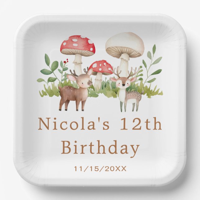 Assiettes En Carton Fête d'anniversaire des cerfs de Woodland (Recto)