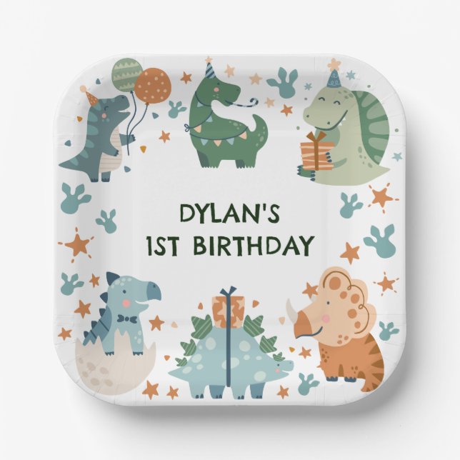Assiettes En Carton Fête d'anniversaire des dinosaures pour enfants (Recto)