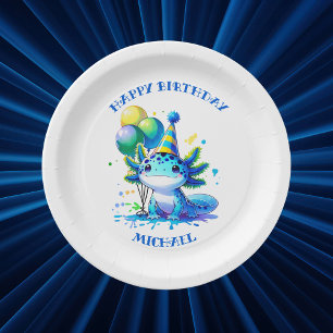 Assiettes En Carton Fête d'anniversaire du garçon Axolotl bleu et vert