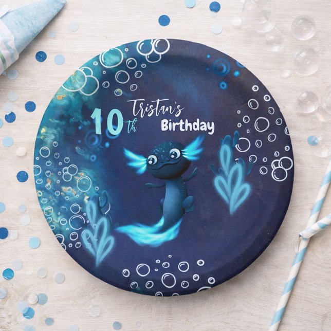 Assiettes En Carton Fête d'anniversaire du néon bleu foncé Axolotl (Créateur téléchargé)