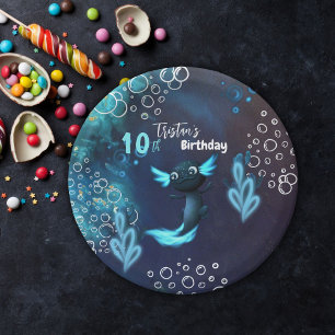 Assiettes En Carton Fête d'anniversaire du néon bleu foncé Axolotl