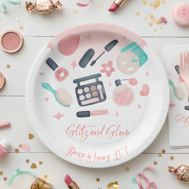 Assiettes En Carton Fête d'anniversaire du spa de beauté glitz et glam (Créateur téléchargé)