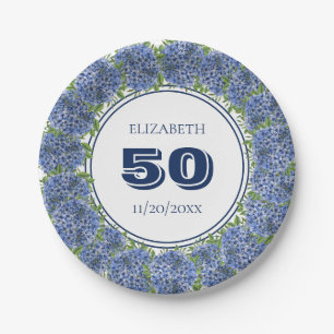 Assiettes En Carton Fête d'anniversaire élégante à l'hortensia bleu po