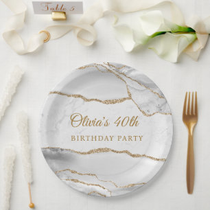 Assiettes En Carton Fête d'anniversaire élégante agate blanc et or
