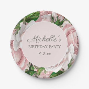 Assiettes En Carton Fête d'anniversaire élégante aux fleurs roses et v