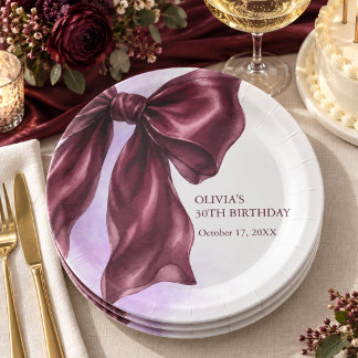 Assiettes En Carton Fête d'anniversaire élégante avec nœud bordeaux