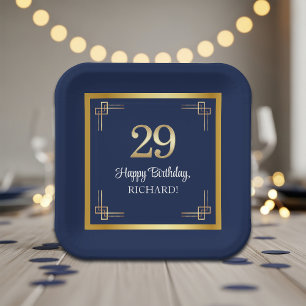 Assiettes En Carton Fête d'anniversaire élégante bleu or 29 ans