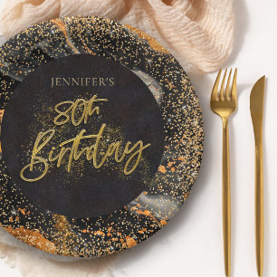 Assiettes En Carton Fête d'anniversaire élégante noire et dorée avec p