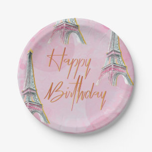 Assiettes En Carton Fête d'anniversaire élégante rose et or sur le thè