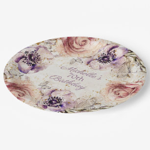 Assiettes En Carton Fête d'anniversaire élégante rose violet 70 ans 