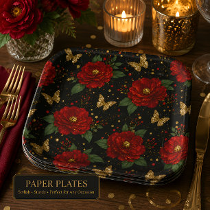 Assiettes En Carton Fête d'anniversaire élégante rouge floral et papil