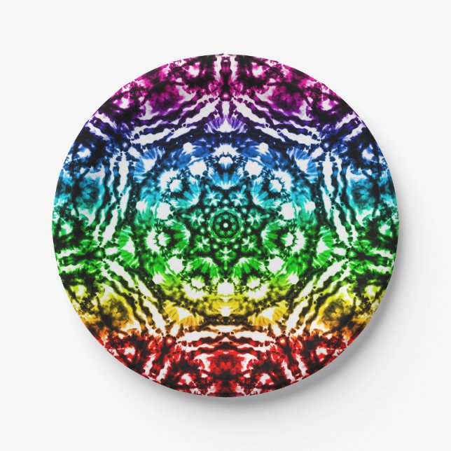 Assiettes En Carton Fête d'anniversaire étoile mandala tie dye arc-en- (Devant)