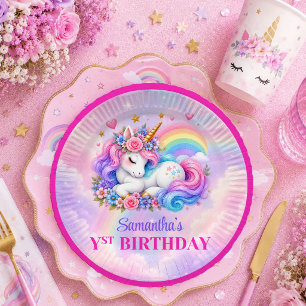 Assiettes En Carton Fête d'anniversaire fille licorne rose violet Pla