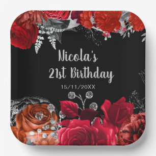 Assiettes En Carton Fête d'anniversaire Fleurs Rouge et Argent Élégant