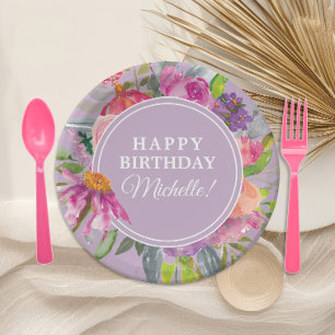 Assiettes En Carton Fête d'anniversaire florale aquarelle rose violet