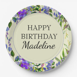 Assiettes En Carton Fête d'anniversaire florale aquarelle violette jau