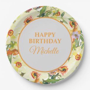 Assiettes En Carton Fête d'anniversaire florale orange jaune