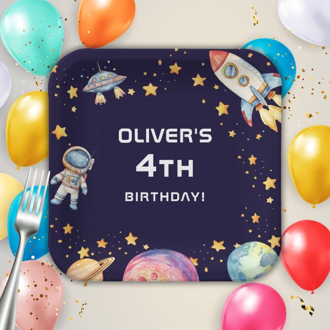 Assiettes En Carton Fête d'anniversaire garçon fusée spatiale moderne (Créateur téléchargé)