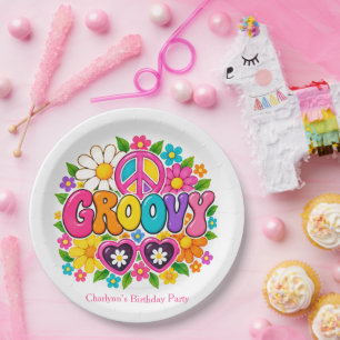 Assiettes En Carton Fête d'anniversaire Groovy Flower Power Girl