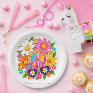 Assiettes En Carton Fête d'anniversaire Groovy Flower Power Girl