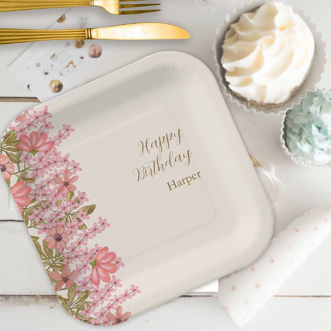 Assiettes En Carton Fête d'anniversaire Joli Fleur sauvage rose Floral (Créateur téléchargé)