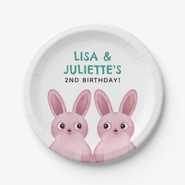 Assiettes En Carton Fête d'anniversaire jumeaux avec deux filles lapin (Devant)