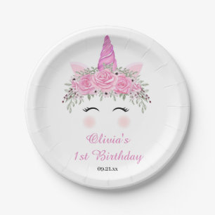 Assiettes En Carton Fête d'anniversaire licorne mignonne avec nom rose