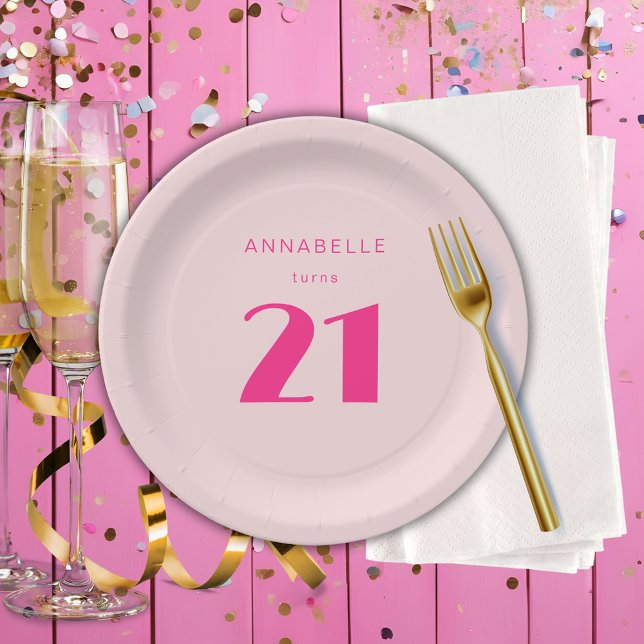 Assiettes En Carton Fête d'anniversaire moderne 21e Vingt et une rose (Blush pink custom paper plates for girls 21st birthday party celebrations and party decor.)