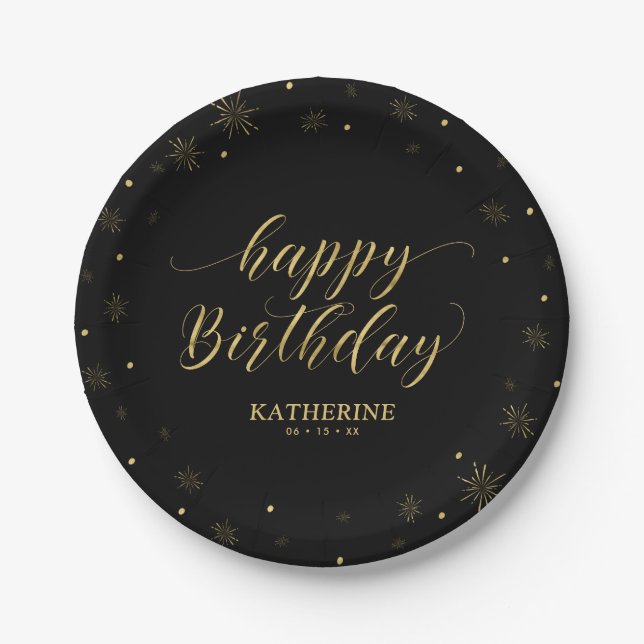 Assiettes En Carton Fête d'anniversaire moderne Black & Gold Sparkle (Devant)