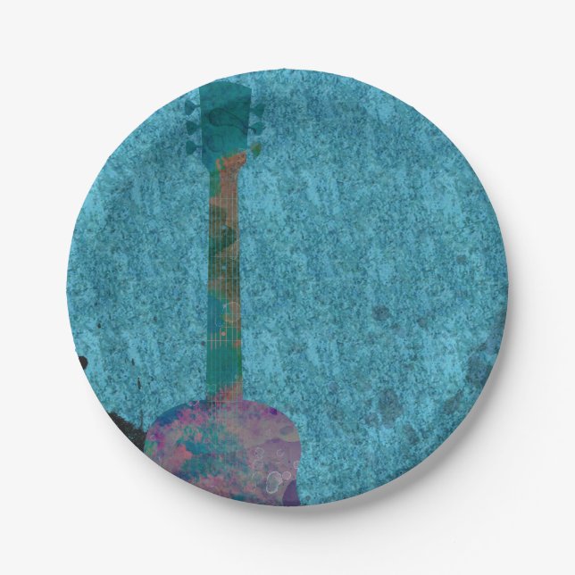 Assiettes En Carton Fête d'anniversaire musicale guitare aquarelle ble (Devant)