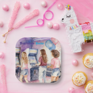 Assiettes En Carton Fête d'anniversaire néon aquarelle pour enfants