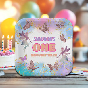 Assiettes En Carton Fête d'anniversaire Papillons Fée Or Paillettes 1