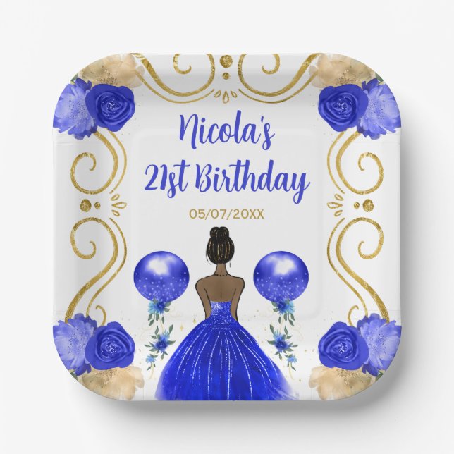 Assiettes En Carton Fête d'anniversaire Peau noire Princesse en bleu (Recto)