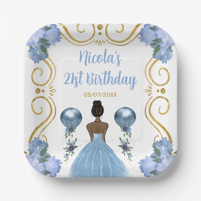 Assiettes En Carton Fête d'anniversaire Peau noire Princesse en bleu D (Recto)