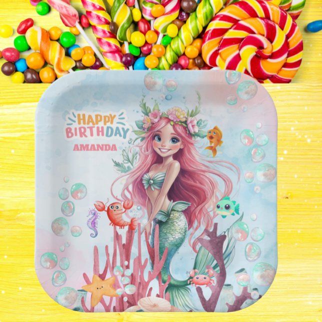 Assiettes En Carton Fête d'anniversaire personnalisée de sirène bleue  (Personalized Watercolor Mermaid Party Paper Plates – Pink & Blue Under the Sea Birthday Decor)