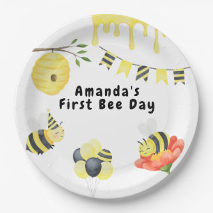 Assiettes En Carton Fête d'anniversaire premier jour de l'abeille aqua