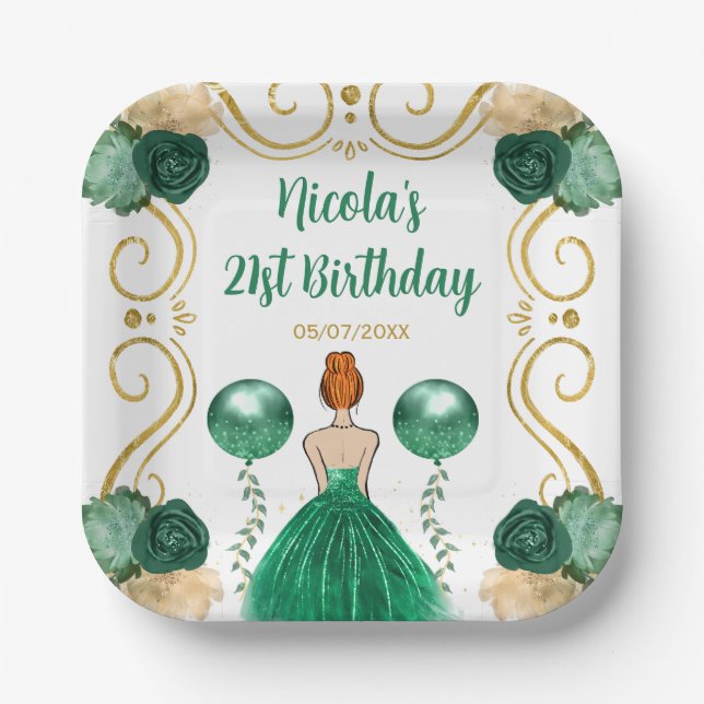 Assiettes En Carton Fête d'anniversaire Red Hair Princesse en vert (Recto)