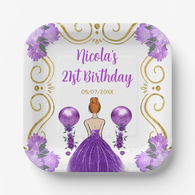 Assiettes En Carton Fête d'anniversaire Red Hair Princesse en violet (Recto)