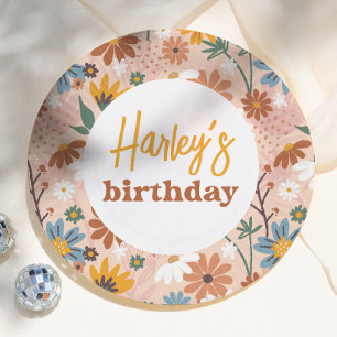 Assiettes En Carton Fête d'anniversaire rétro bohème de fille aux fleu