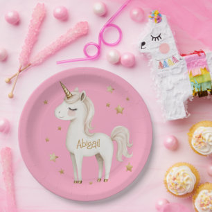 Assiettes En Carton Fête d'anniversaire rose licorne personnalisée