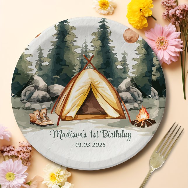 Assiettes En Carton Fête d'anniversaire rustique de Camping Mountain (Créateur téléchargé)