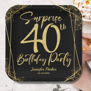 Assiettes En Carton Fête d'anniversaire surprise 40 ans moderne noir o