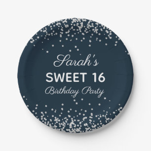 Assiettes En Carton Fête d'anniversaire Sweet 16 Bleu Nuit Paillettes