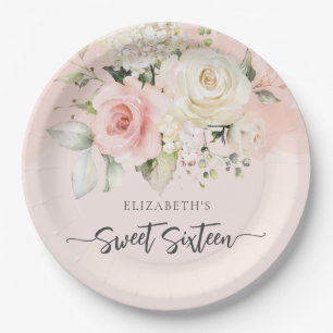 Assiettes En Carton Fête d'anniversaire Sweet 16 fleurs roses