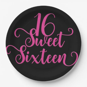 Assiettes En Carton Fête d'anniversaire Sweet 16 noir et rose vif