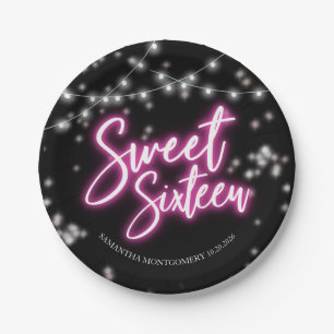 Assiettes En Carton Fête d'anniversaire Sweet 16 sur le thème néon ros