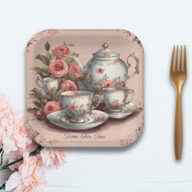Assiettes En Carton Fête d'anniversaire Thème Jardin Floral Rose Vinta (Vintage Pink Floral Garden Birthday Tea Party Paper Plates)