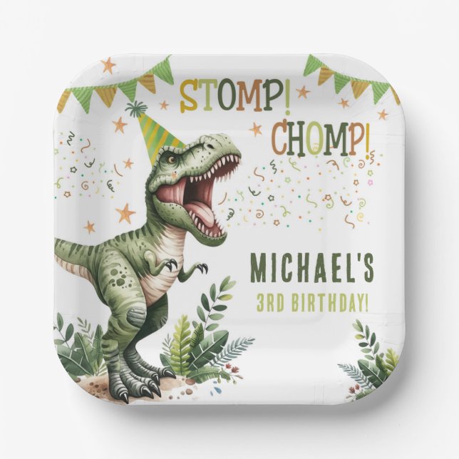 Assiettes En Carton  Fête d'anniversaire Trois Dinosaure Rex 3 ans  (Recto)